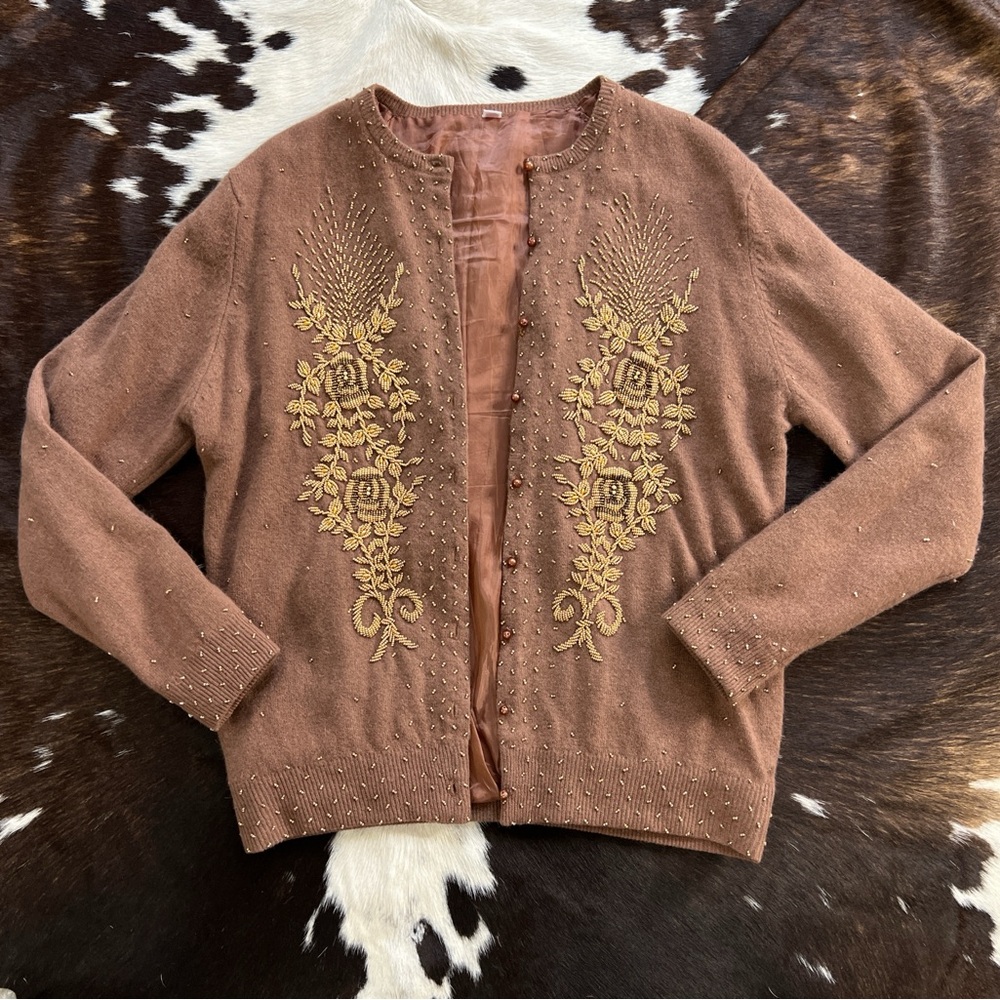 60s vintage Brown and gold beaded embroidered floral design vintage cardigan